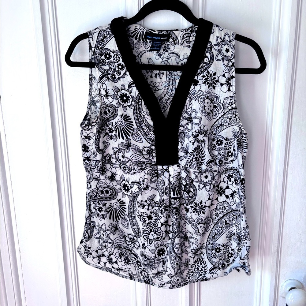 Women’s Saint Tropez West 100%Linen Black and White Sleeveless Tank Medium